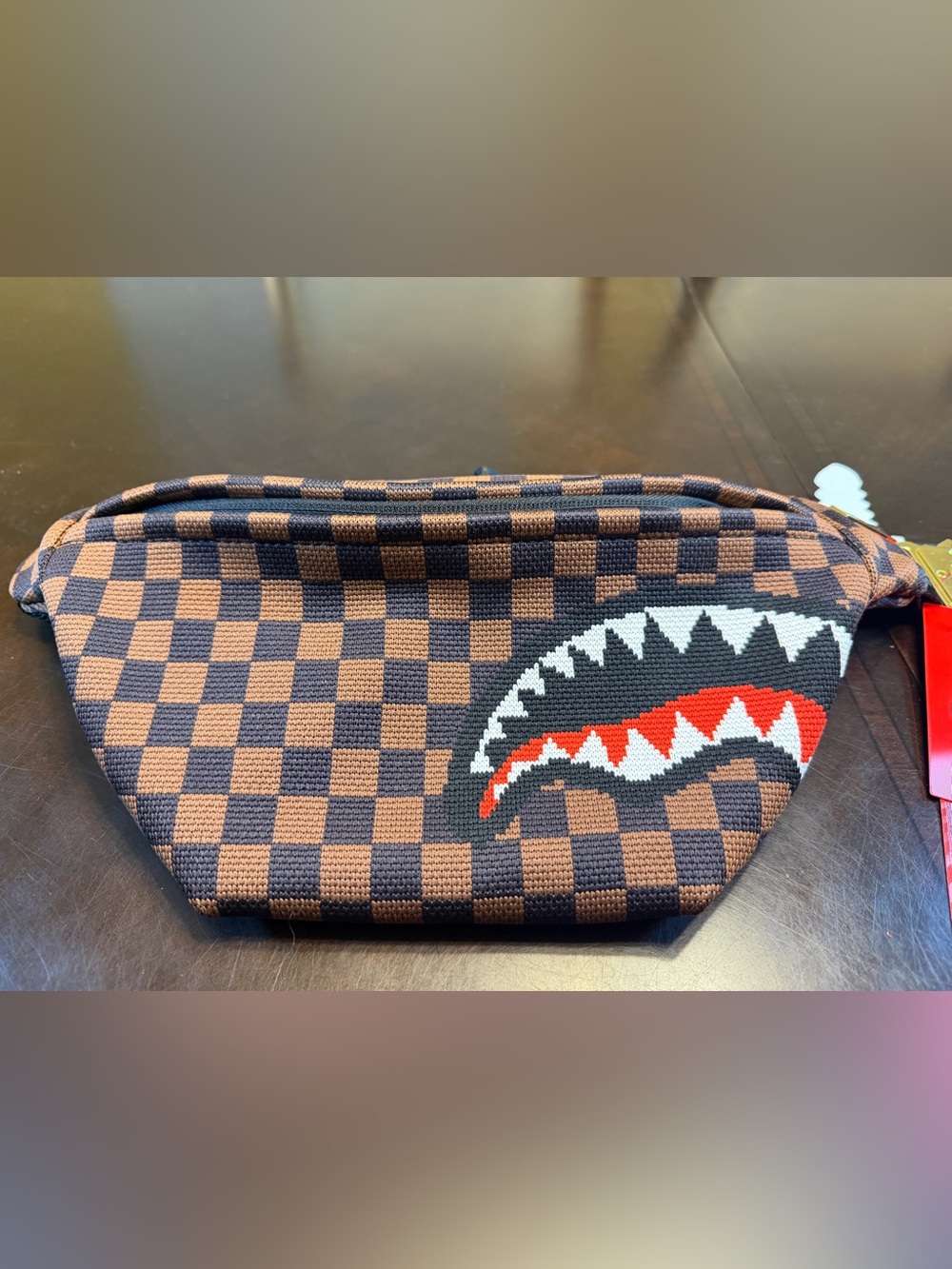 New Sprayground Shark Mouth Brown Checkered Crossbody Fanny Pack Bag Large